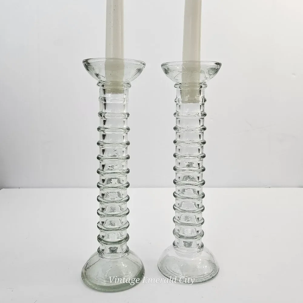 Vtg Stacked Bubble Glass 20th Century Ribbed Pale Green Candle Holders Spain Set